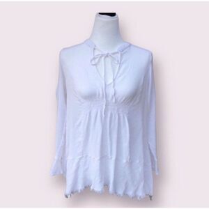 Silver Jeans Co Bell Sleeve Split Neck Raw Hem Peasant Top Women’s Sz Small